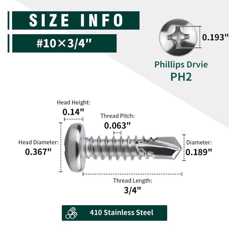 EASTLO #10 x 3/4" Pan Head Self Drilling Screws, Phillips Drive, 410 Stainless Steel Sheet Metal Screws,Self Tapping, Dovetail, Pack of 100 - Image 3